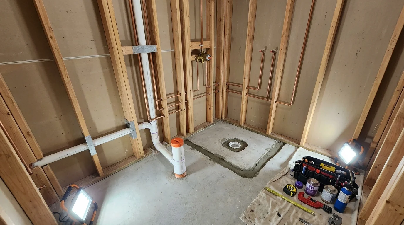 Bathroom rough-in plumbing during remodel by Johns Plumbing LLC in Woodstock