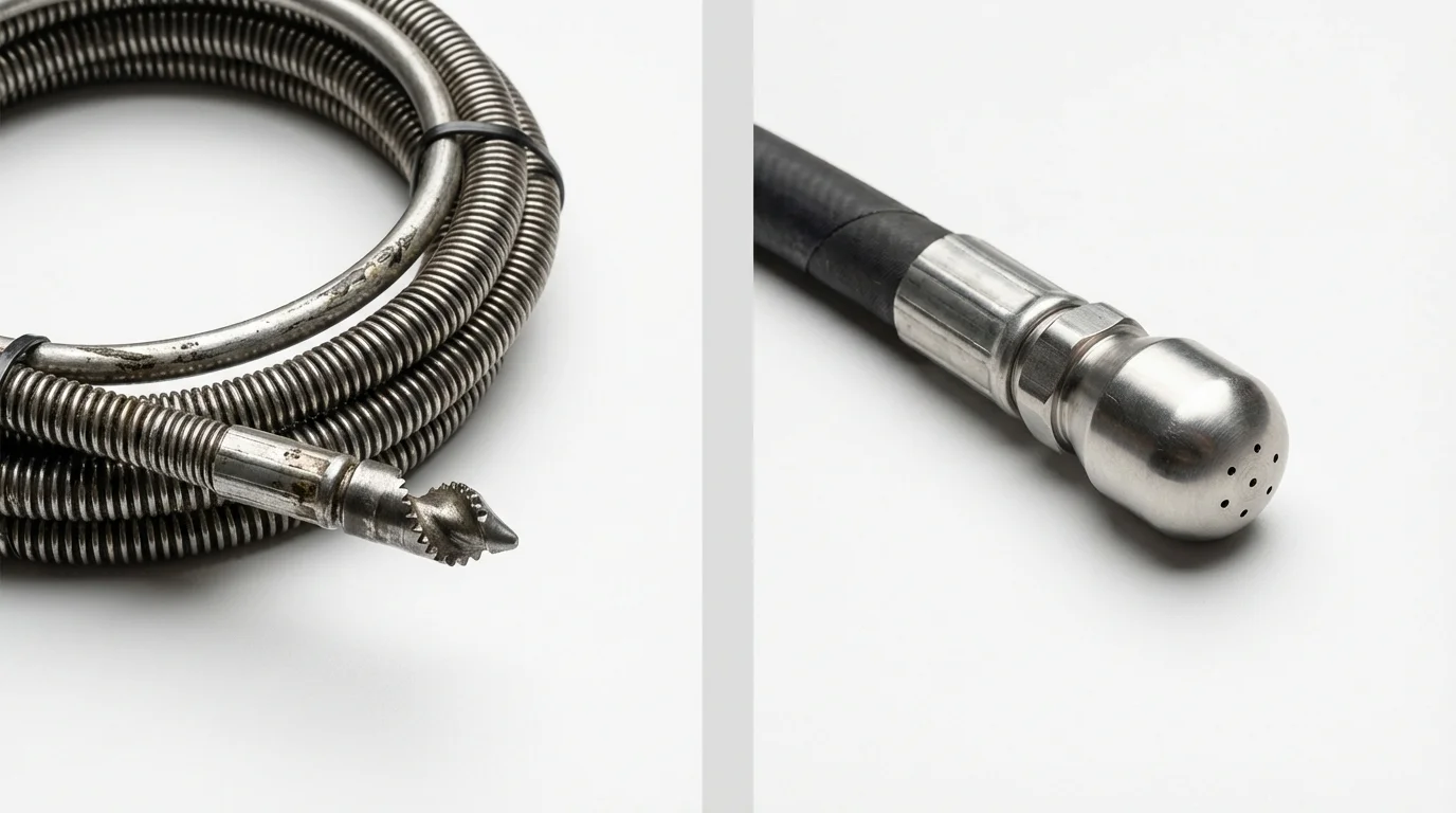 Drain snake cable and hydro jetting nozzle used for drain cleaning in Woodstock, NY