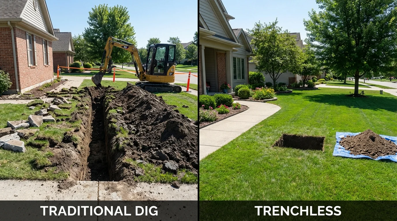Trenchless sewer repair with minimal yard damage versus traditional excavation in Woodstock, NY