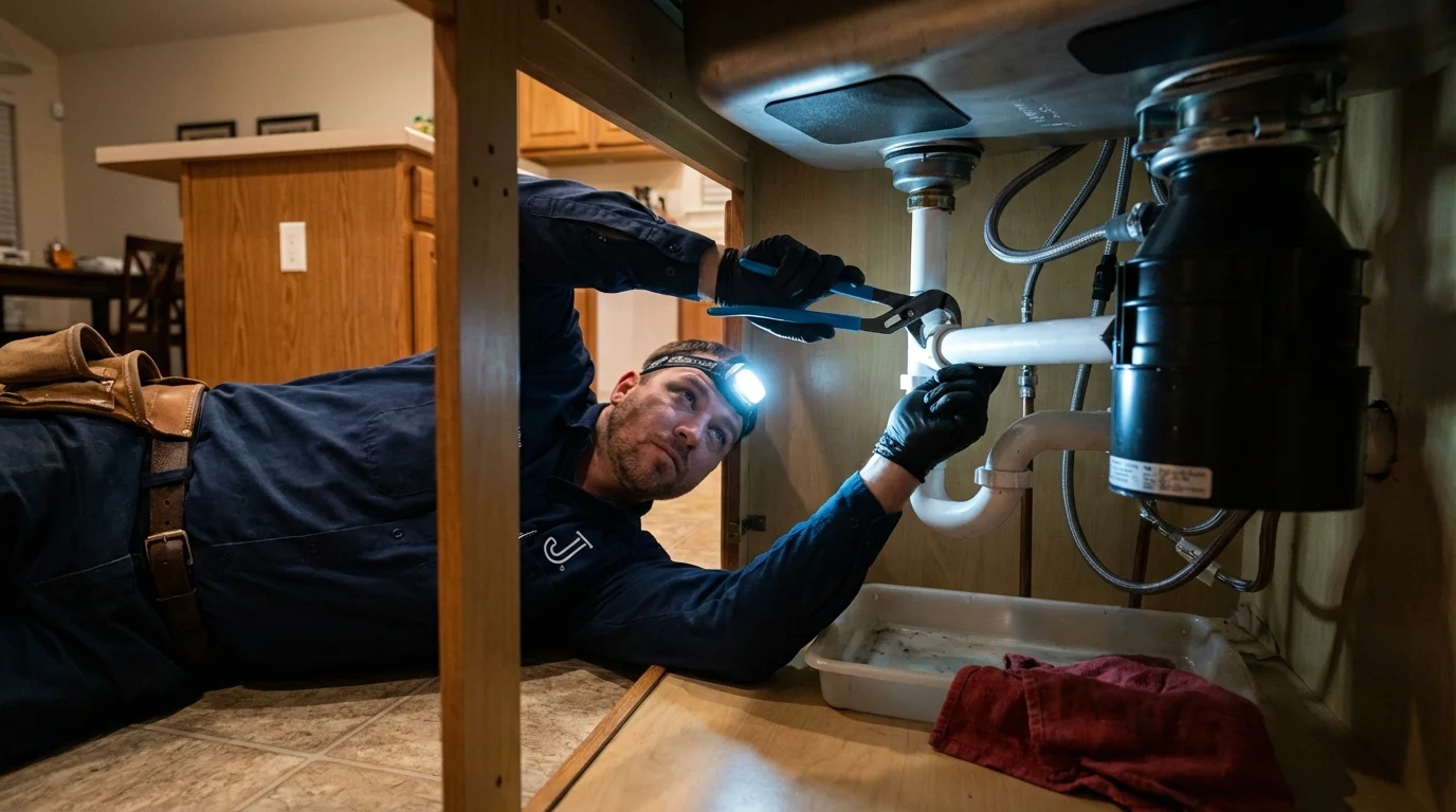 P-trap and supply line connections under a kitchen sink showing a common leak point in Woodstock, NY